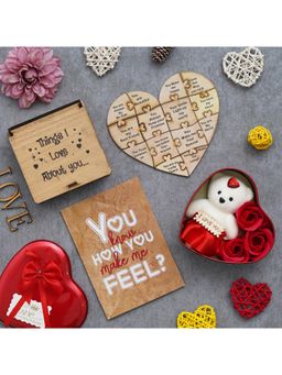eCraftIndia - Combo of Card, Heart Shaped Gift Box, "Things I Love About You" Puzzle Wooden Gift Set