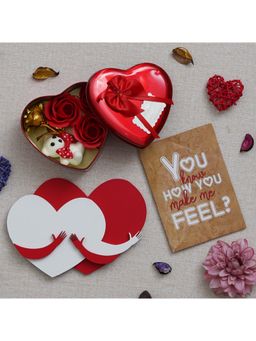 eCraftIndia - Valentine Combo of Card, Heart Hugging Each Other Gift Set, Red Heart Shaped Gift Box