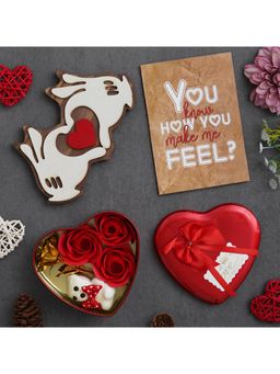 eCraftIndia - Valentine Combo of Card, Hands Showcasing Red Heart Gift Set, Red Heart Shaped Gift Box