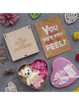 eCraftIndia - Combo of Card, "20 Reasons Why I Love You" Hearts Gift Set, Pink Heart Shape Gift Box