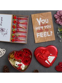eCraftIndia - Valentine Combo of Card, Red Heart Shaped Gift Box, Red Message Bottle Wooden Box Set