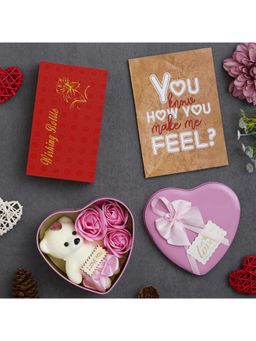 eCraftIndia - Valentine Combo of Card, Pink Heart Shaped Gift Box, Red Message Bottle Wooden Box Set