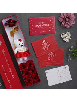 eCraftIndia - Valentine Combo of Set of 8 Love Gift Cards, Red Gift Box with Teddy & Roses