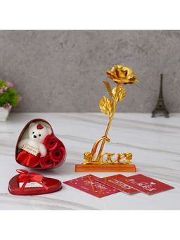 eCraftIndia - Combo of Set of 8 Love Gift Cards, Love Golden Rose Showpiece, Heart Shaped Gift Box Set