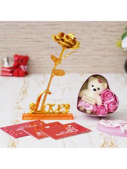 eCraftIndia - Combo of Set of 8 Love Gift Cards, Love Golden Rose Showpiece, Pink Heart Shape Gift Box