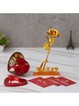 eCraftIndia - Combo of Set of 8 Love Gift Cards, Love Golden Rose Showpiece, Red Heart Shape Gift Box