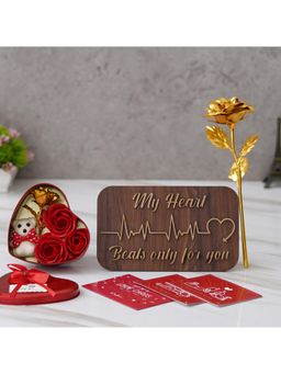 eCraftIndia - Combo of Set of 8 Love Gift Cards, Golden Rose, Brown Showpiece, Heart Shape Gift Box