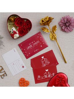 eCraftIndia - Combo of Set of 8 Love Gift Cards, Golden Rose Gift Set, Red Heart Shaped Gift Box