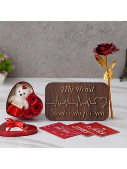 eCraftIndia - Combo of Set of 8 Love Gift Cards, Gold Red Rose, Wooden Showpiece, Heart Shape Gift Box