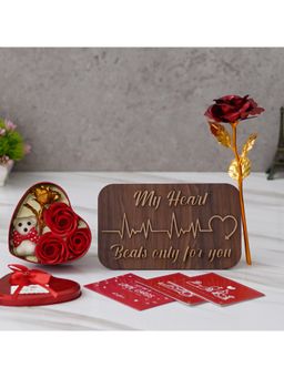 eCraftIndia - Combo Set of 8 Love Gift Cards, Golden Red Rose, Wooden Showpiece, Heart Shaped Gift Box