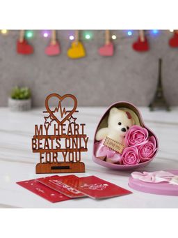 eCraftIndia - Combo Set of 8 Love Gift Cards, Wooden Showpiece With Stand, Pink Heart Shape Gift Box