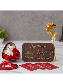 eCraftIndia - Combo of Set of 8 Love Gift Cards, Wooden Showpiece With Stand, Red Heart Shape Gift Box