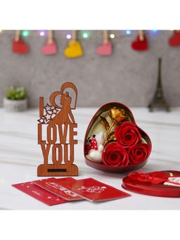 eCraftIndia - Combo of Set of 8 Gift Cards, "Love You" Showpiece With Stand, Red Heart Shape Gift Box