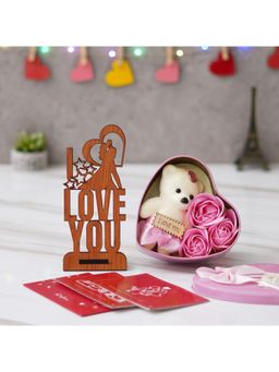 eCraftIndia - Combo of Set of 8 Gift Cards, "Love You" Showpiece With Stand, Pink Heart Shape Gift Box