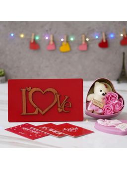 eCraftIndia - Combo of Set of 8 Gift Cards, "Love" Photo Frame with Stand, Pink Heart Shape Gift Box