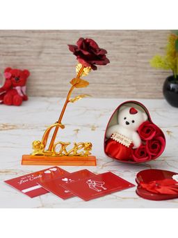 eCraftIndia - Combo of Set of 8 Love Post Card, Love Gold Red Rose Showpiece, Heart Shape Gift Box Set