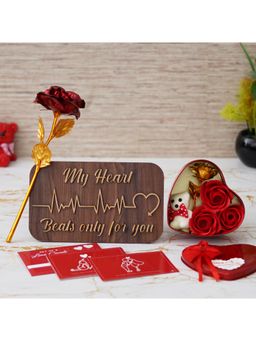 eCraftIndia - Combo Set of 8 Love Post Cards, Gold Red Rose, Wooden Showpiece, Heart Shaped Gift Box
