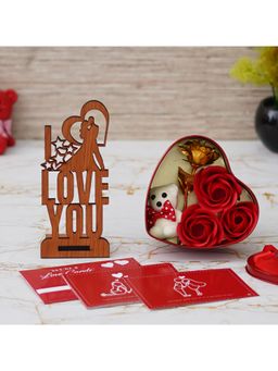 eCraftIndia - Combo of Set of 8 Love Post Cards, "Love You" Wooden Showpiece, Red Heart Shape Gift Box