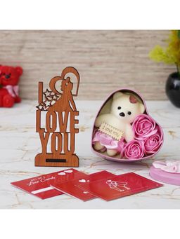 eCraftIndia - Combo of Set of 8 Love Post Card, "Love You" Showpiece, Pink Heart Shaped Gift Box