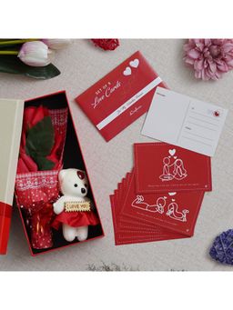 eCraftIndia - Valentine Combo of Set of 8 Love Post Cards, Roses Bouquet with Teddy Bear Gift Box