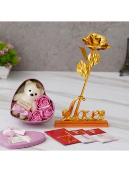 eCraftIndia - Combo of Set of 12 Love Coupons, Love Golden Rose Showpiece, Pink Heart Shaped Gift Box