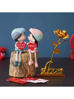 eCraftIndia - Combo Set of 12 Love Gift Cards, Love Golden Rose Showpiece, Girl & Boy Kissing Figurine