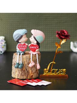 eCraftIndia - Combo Set of 12 Gift Cards, Love Golden Red Rose Showpiece, Girl & Boy Kissing Figurine