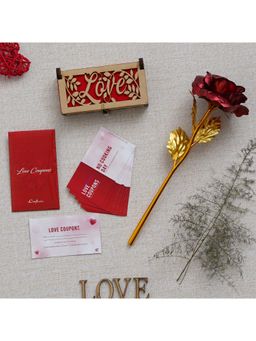 eCraftIndia - Combo of Set of 12 Love Coupons, Golden Red Rose, "Love" Wooden Gift Box