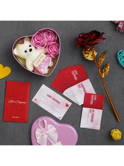 eCraftIndia - Combo of Set of 12 Love Coupons, Golden Red Rose Gift Set, Pink Heart Shaped Gift Box