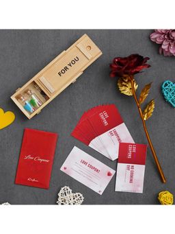 eCraftIndia - Combo Set of 12 Love Coupons, Golden Red Rose, Wooden Box "for You" Message Bottle Set