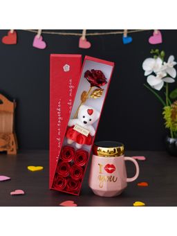 eCraftIndia - Combo of "I Love You" Printed Ceramic Pink Mug, Red Gift Box with Teddy & Roses