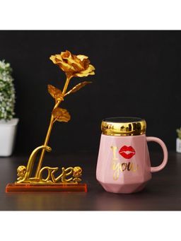 eCraftIndia - Combo of "I Love You" Printed Ceramic Pink Mug, Love Golden Rose Table Showpiece