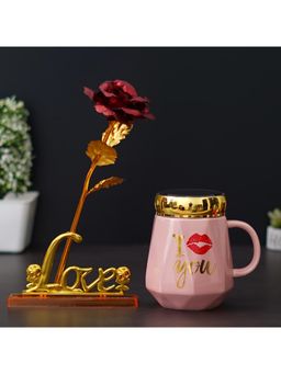 eCraftIndia - Combo of "I Love You" Printed Ceramic Pink Mug, Love Golden Red Rose Table Showpiece