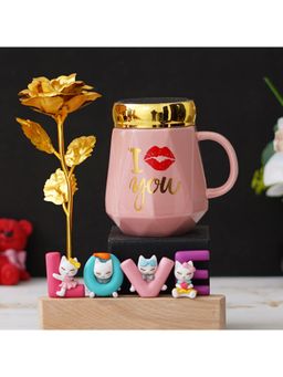 eCraftIndia - Combo of "I Love You" Ceramic Pink Mug, Gold Rose, "Love" Animated Characters Showpiece