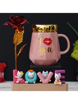 eCraftIndia - Combo of "I Love You" Ceramic Pink Mug, Golden Red Rose, "Love" Characters Showpiece