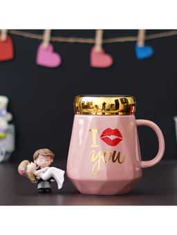 eCraftIndia - Combo of "I Love You" Printed Ceramic Pink Mug, Bride Kissing Groom Showpiece
