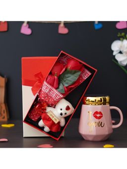 eCraftIndia - Combo of "I Love You" Printed Ceramic Pink Mug, Valentine's Rectangle Shaped Gift Box