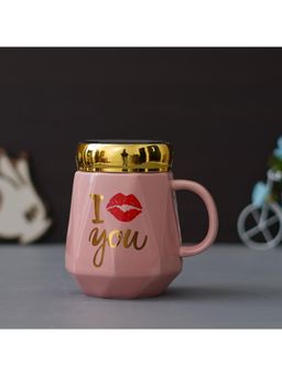 eCraftIndia - I Kiss You Printed Ceramic Pink Tea Coffee Mug with Lid | Valentine Gift