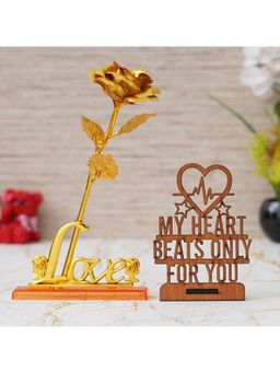 eCraftIndia - Combo of Love Golden Rose & "My Heart Beats Only for You" Wooden Table Showpiece