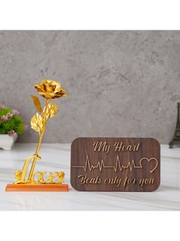 eCraftIndia - Combo of Love Golden Rose & "My Heart Beats Only for You" Wooden Table Showpiece Set
