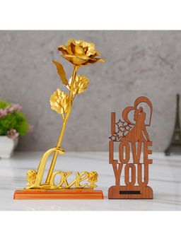eCraftIndia - Combo of Love Golden Rose Table Showpiece, "Love You" Wooden Showpiece With Stand