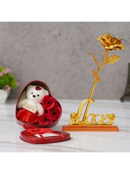 eCraftIndia - Combo of Love Golden Rose Table Showpiece, Heart Shaped Gift Box Set
