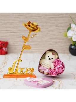 eCraftIndia - Combo of Love Golden Rose Table Showpiece, Pink Heart Shaped Gift Box