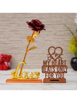 eCraftIndia - Combo of Love Gold Red Rose & "My Heart Beats Only for You" Wooden Showpiece With Stand