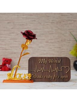 eCraftIndia - Combo of Love Golden Red Rose & "My Heart Beats Only for You" Wooden Table Showpiece