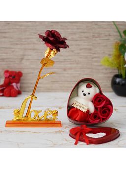 eCraftIndia - Combo of Love Golden Red Rose Table Showpiece, Heart Shaped Gift Box Set