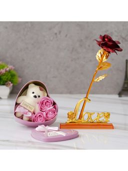 eCraftIndia - Combo of Love Golden Red Rose Table Showpiece, Pink Heart Shaped Gift Box