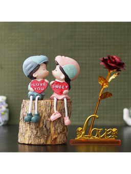 eCraftIndia - Combo Love Red Rose Showpiece, Colorful Girl & Boy "Sweet I Love You" Kissing Figurine