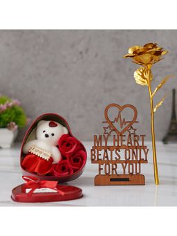 eCraftIndia - Combo of Golden Rose, "My Heart Beats Only for You" Showpiece, Heart Shaped Gift Box Set