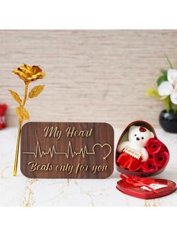 eCraftIndia - Combo of Golden Rose, "My Heart Beats Only for You" Showpiece, Heart Shaped Gift Box Set